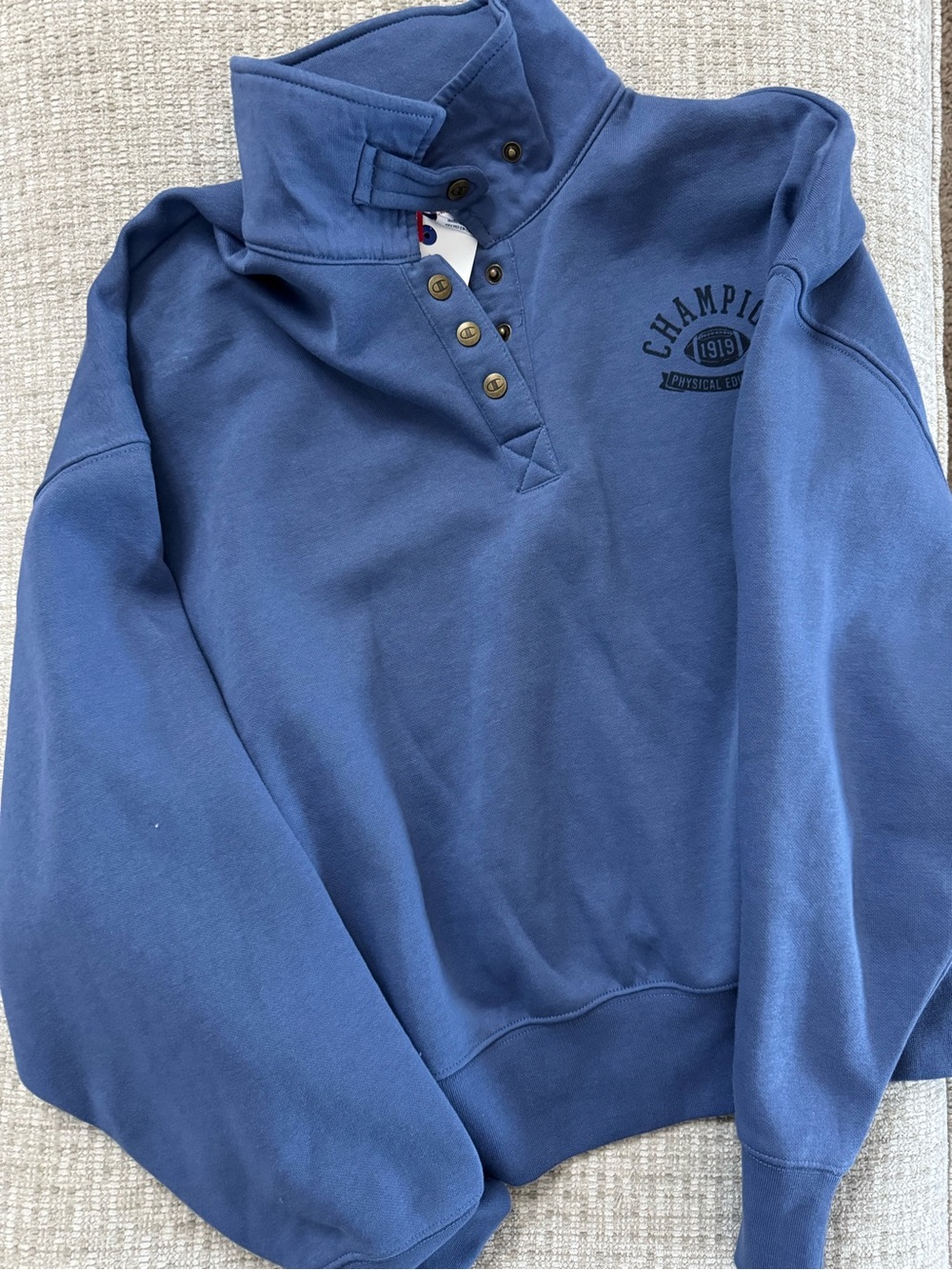 Champion Blue Snap-Button Cropped Pullover, Size L, NWOT